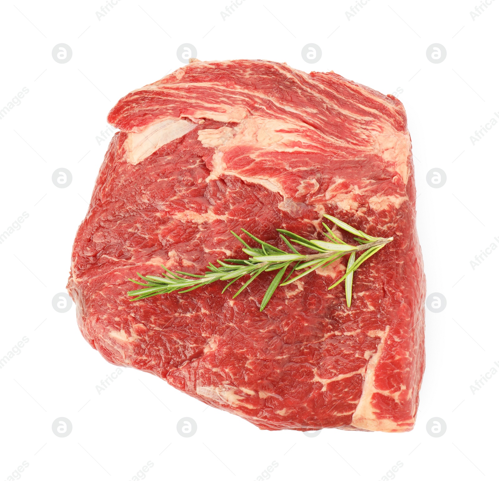 Photo of Fresh raw beef cut with rosemary isolated on white, top view
