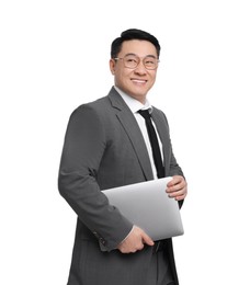 Photo of Businessman in suit with laptop posing on white background