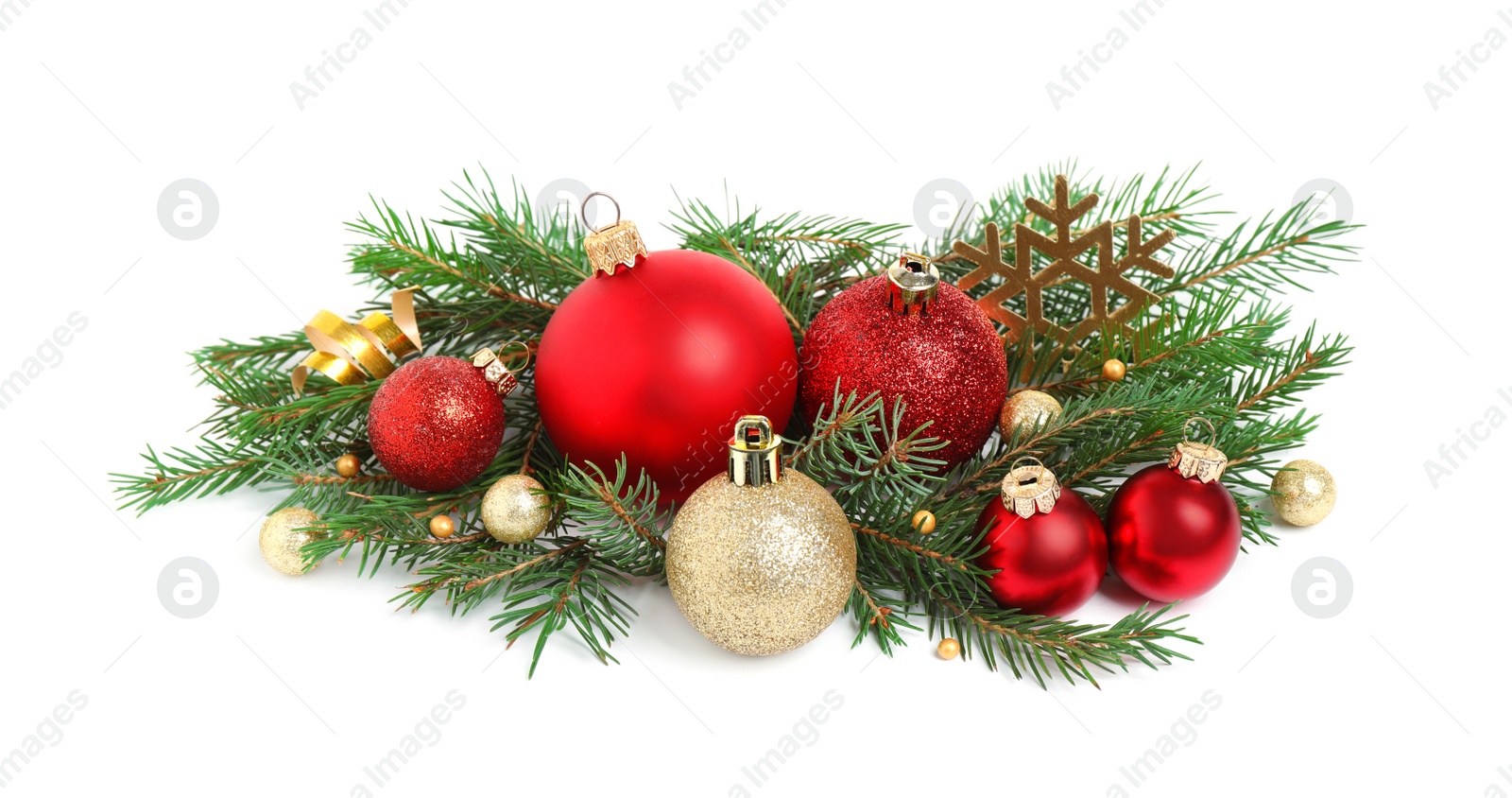 Photo of Christmas tree branches and festive decoration on white background