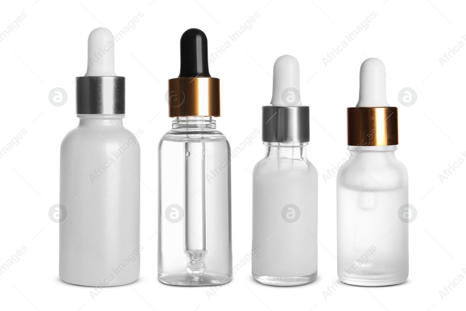 Image of Serums in different bottles isolated on white, collection