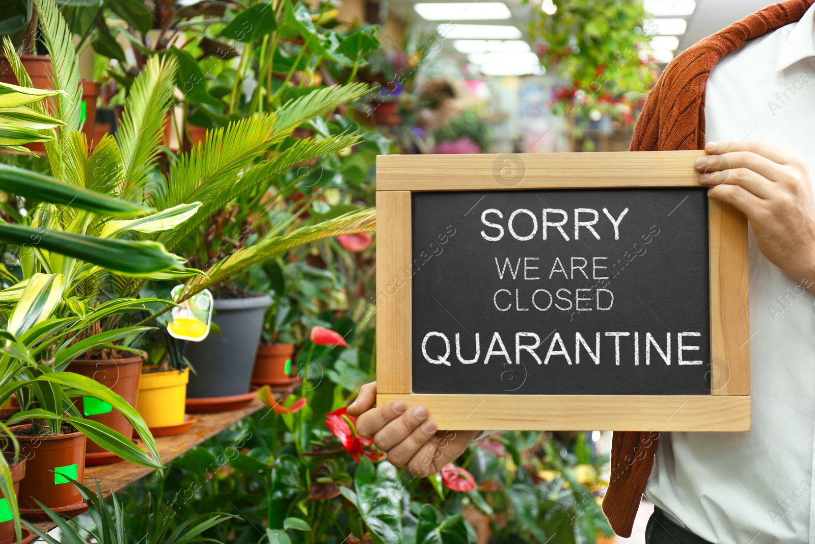 Image of Business owner holding sign with text SORRY WE ARE CLOSED QUARANTINE in flower shop, closeup