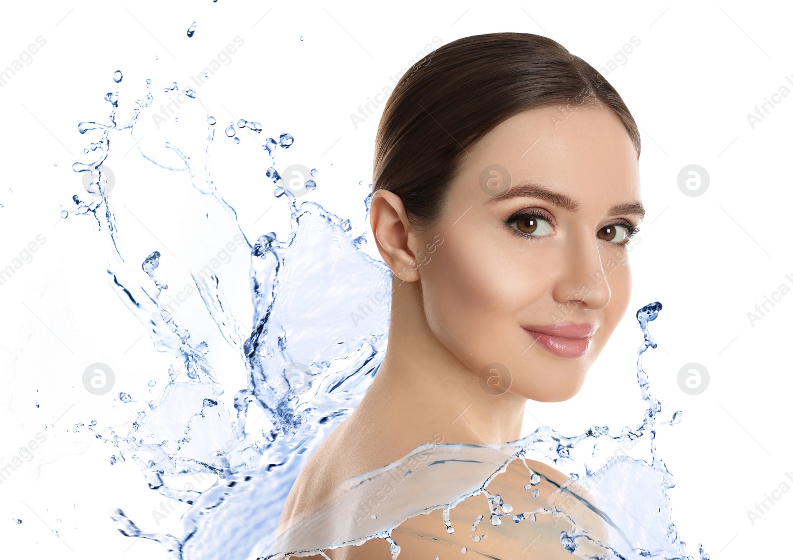 Image of Beautiful young woman and splashing water on white background. Spa portrait