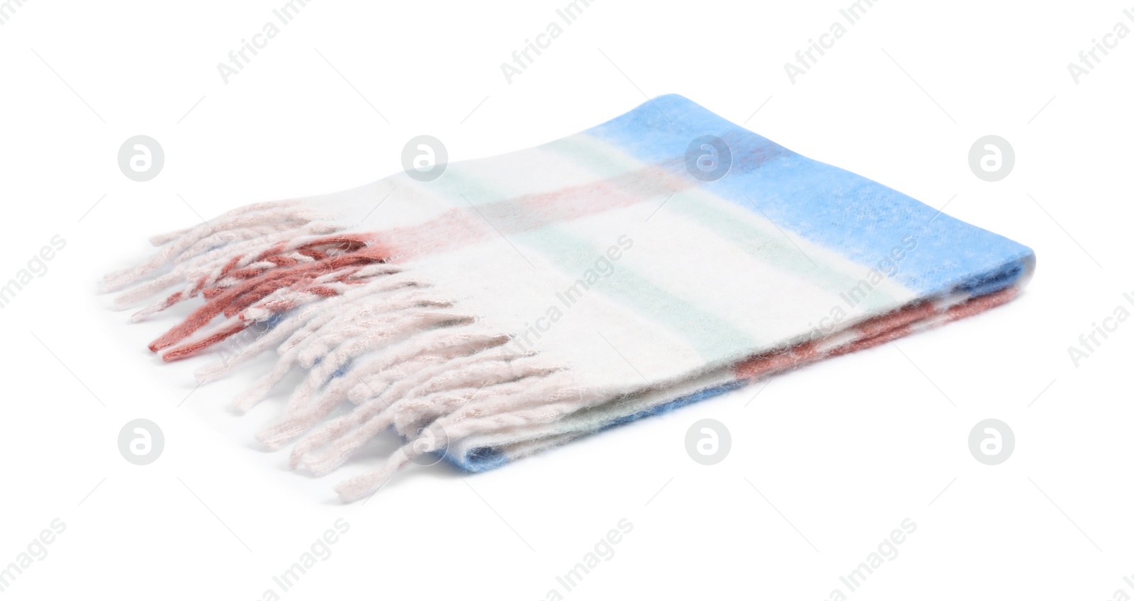 Photo of One beautiful checkered scarf on white background