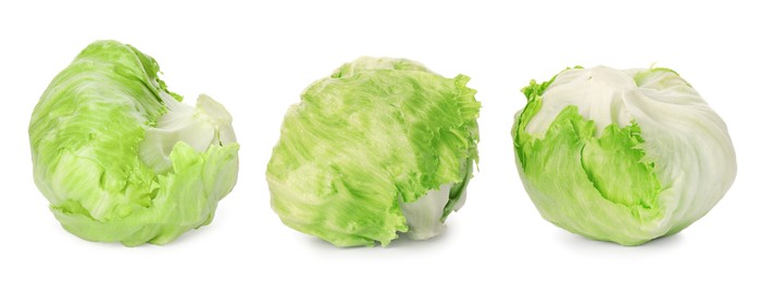 Image of Collage with fresh iceberg lettuce heads on white background