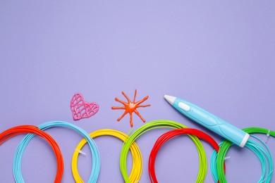 Photo of Stylish 3D pen, colorful plastic filaments and different figures on violet background, flat lay. Space for text