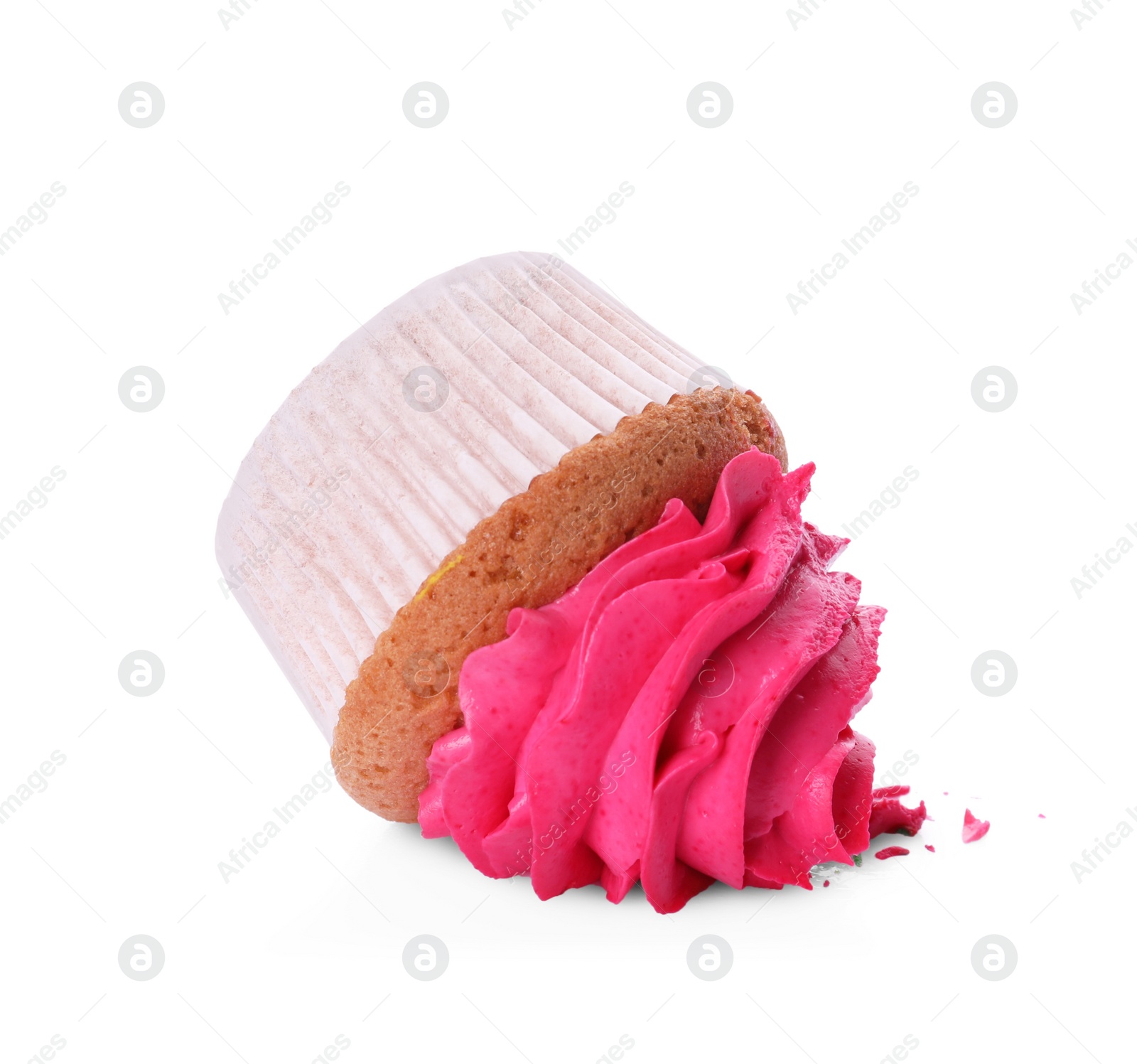 Photo of Dropped cupcake with cream on white background. Troubles happen