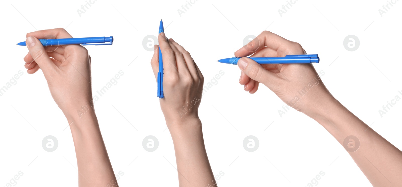 Image of Woman holding pen on white background, closeup. Collage design, different angles