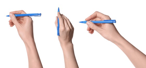 Woman holding pen on white background, closeup. Collage design, different angles