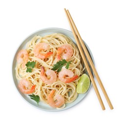 Photo of Tasty spaghetti with shrimps, lime and parsley isolated on white, top view