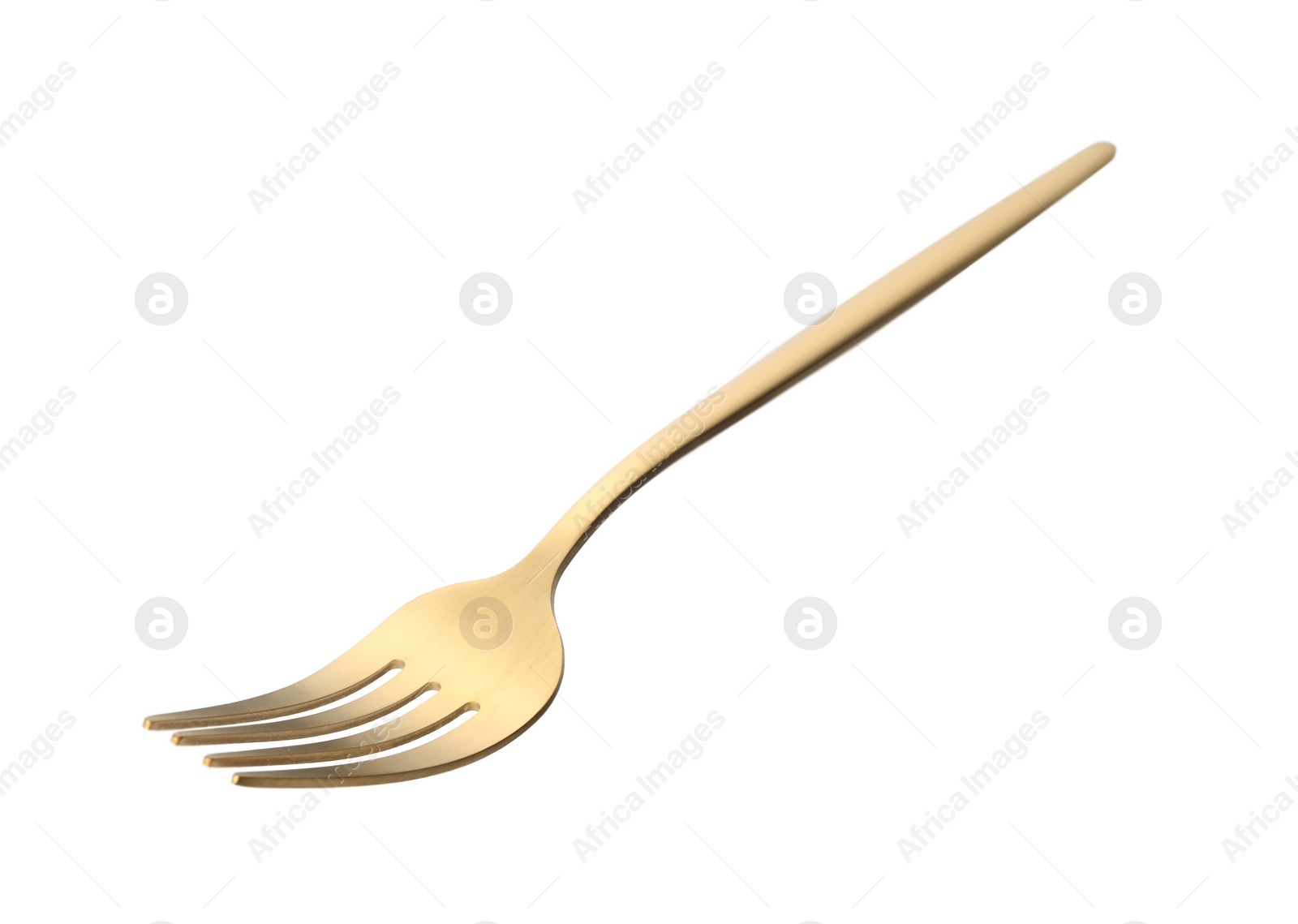 Photo of One shiny golden fork isolated on white