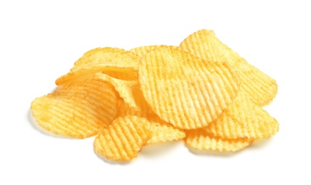 Tasty ridged potato chips on white background