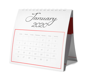 Photo of Paper calendar isolated on white. Planning concept