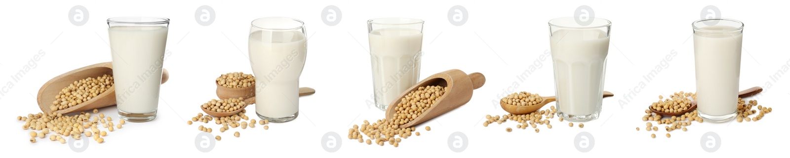 Image of Set with natural soy milk and beans on white background. Banner design