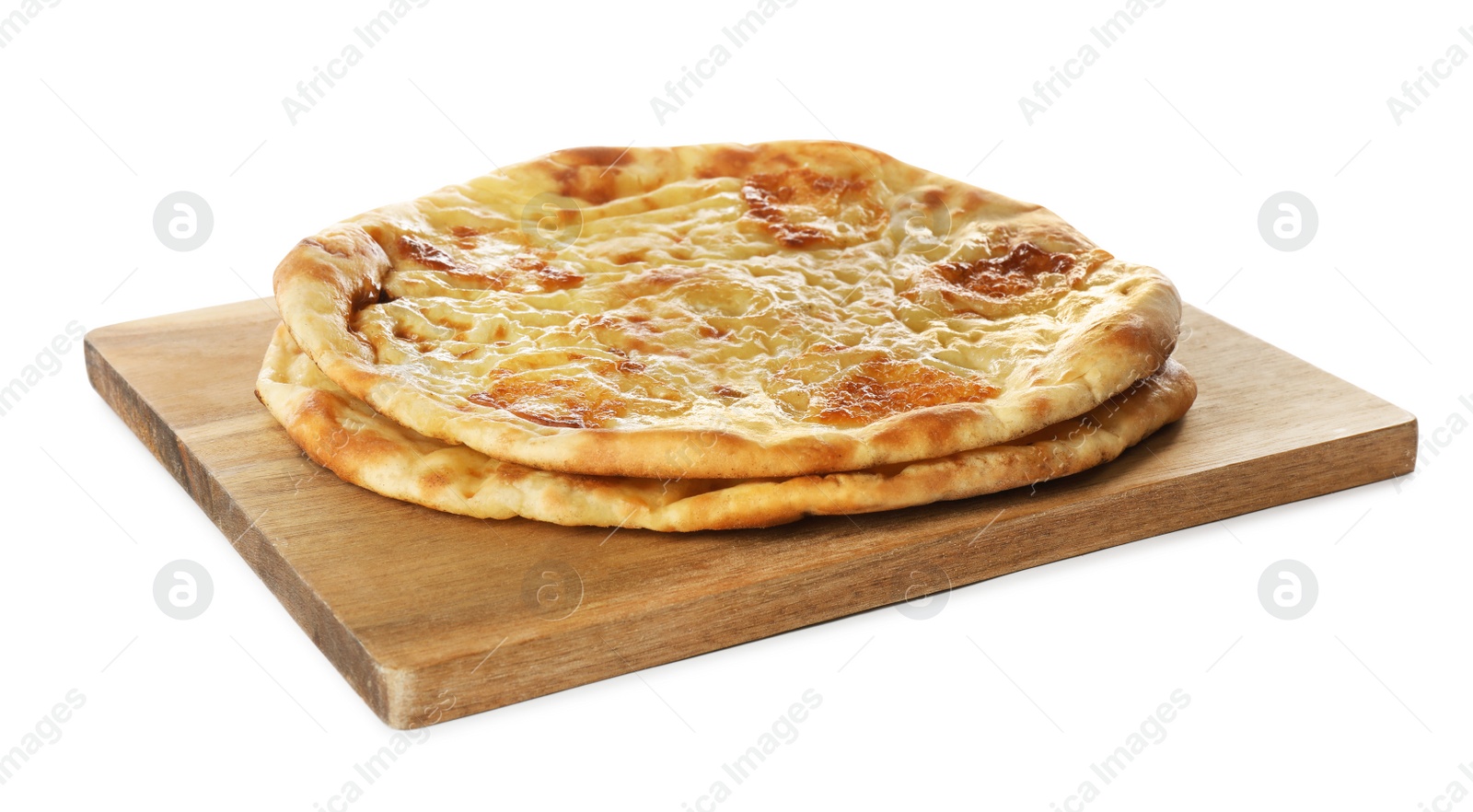 Photo of Delicious khachapuri with cheese on white background