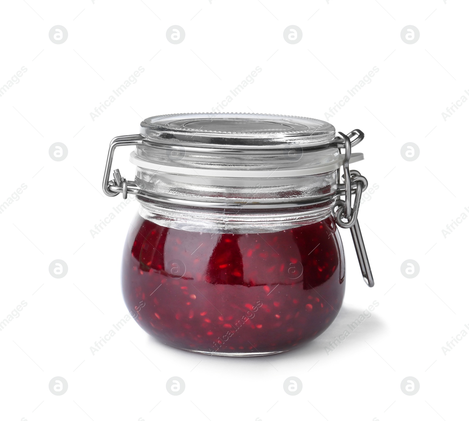 Photo of Jar with delicious raspberry jam on white background