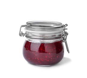 Jar with delicious raspberry jam on white background