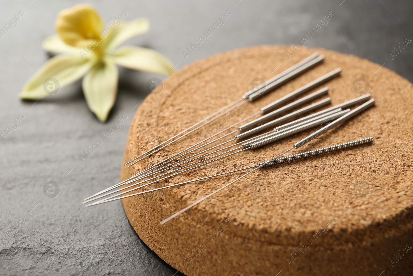 Photo of Cork coaster with acupuncture needles on black table, closeup