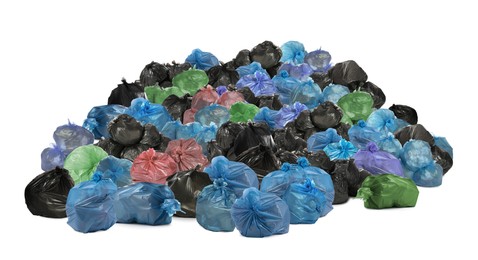 Image of Big heap of trash bags with garbage on white background