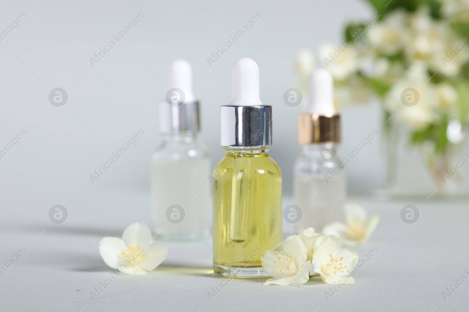 Photo of Essential oils in bottles and beautiful jasmine flowers on grey background, closeup