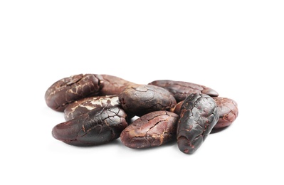 Photo of Pile of aromatic cocoa beans isolated on white