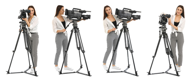 Collage of operator with professional video camera on white background. Banner design