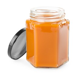Photo of Delicious persimmon jam in jar isolated on white