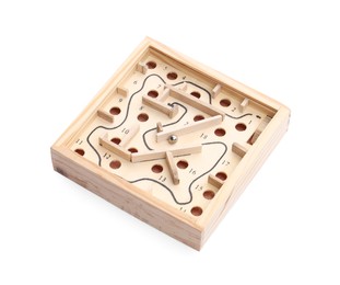 Photo of Wooden toy maze with metal ball isolated on white