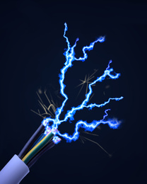 Sparking cables on dark background, closeup. Electrician's supply