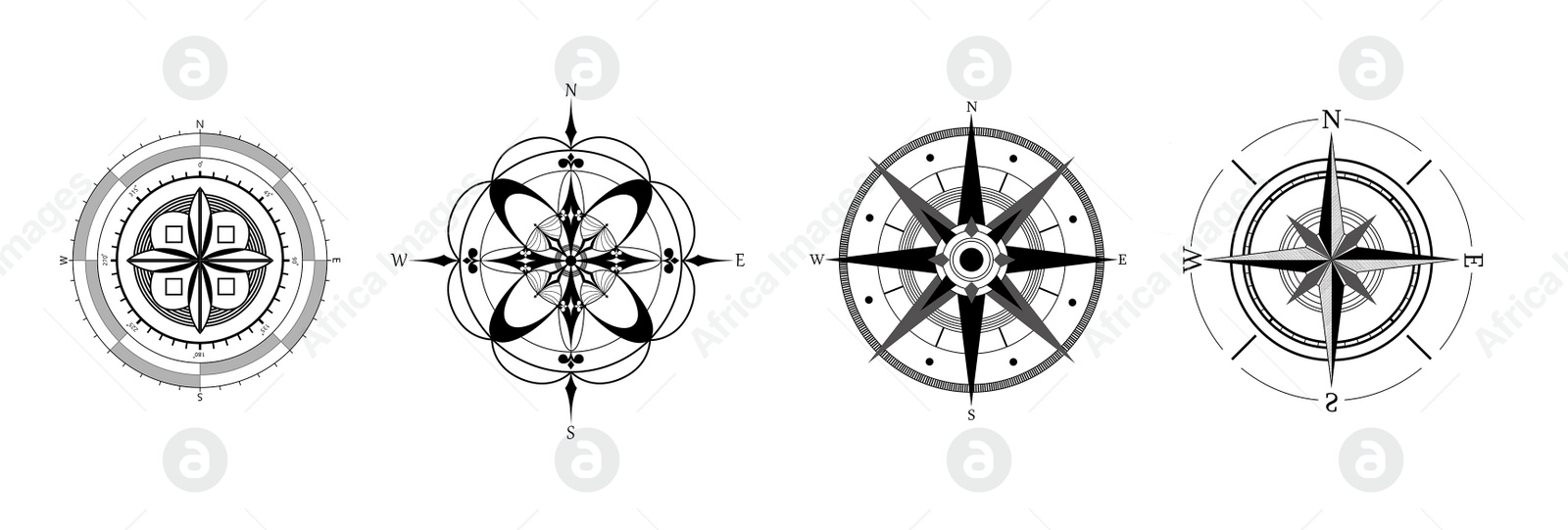 Illustration of Compass roses with four cardinal directions - North, East, South, West on white background, banner design. Illustration