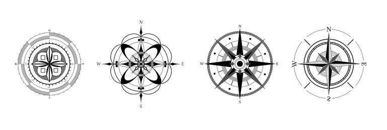 Illustration of Compass roses with four cardinal directions - North, East, South, West on white background, banner design. Illustration