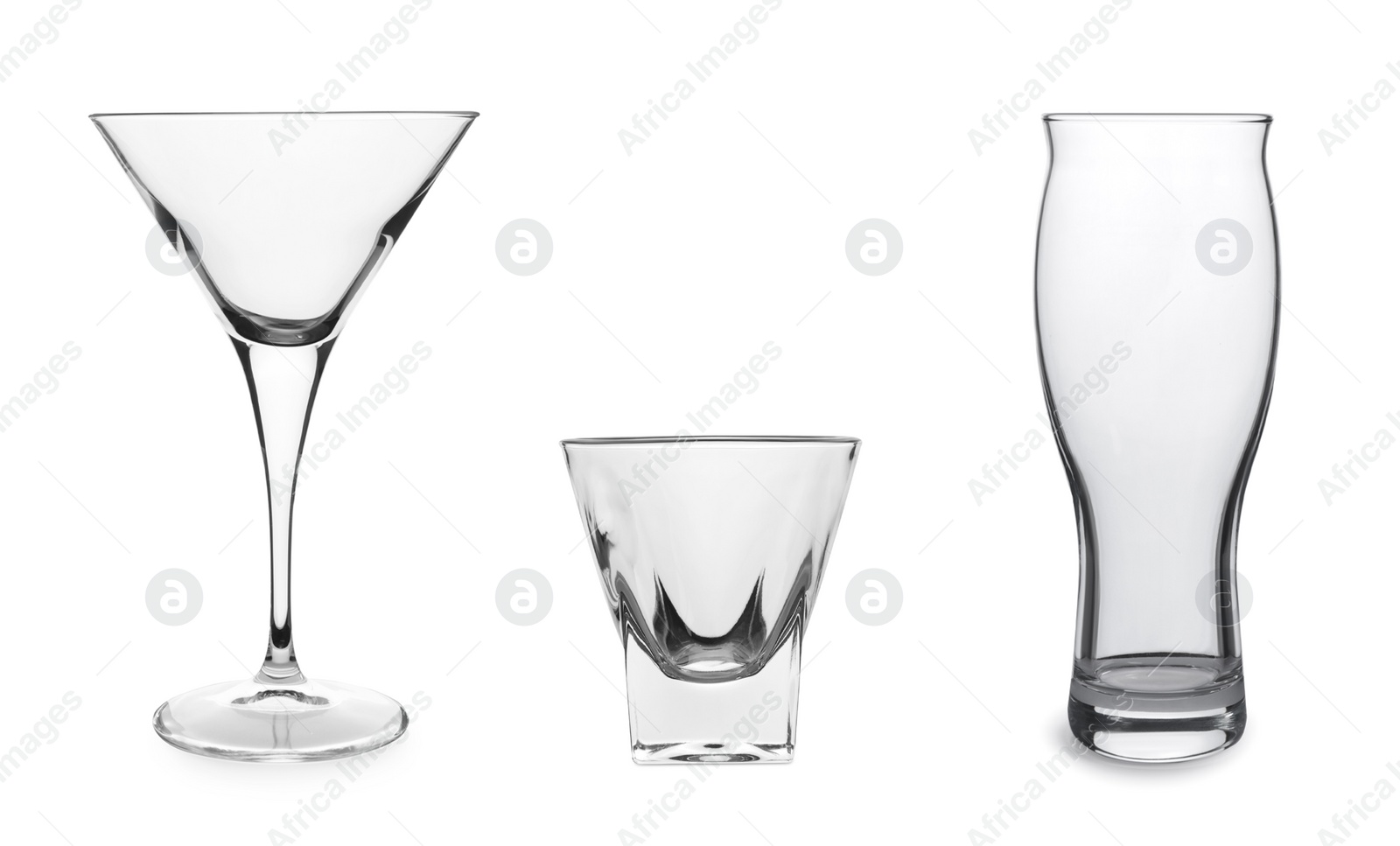 Image of Collage with different empty glasses on white background