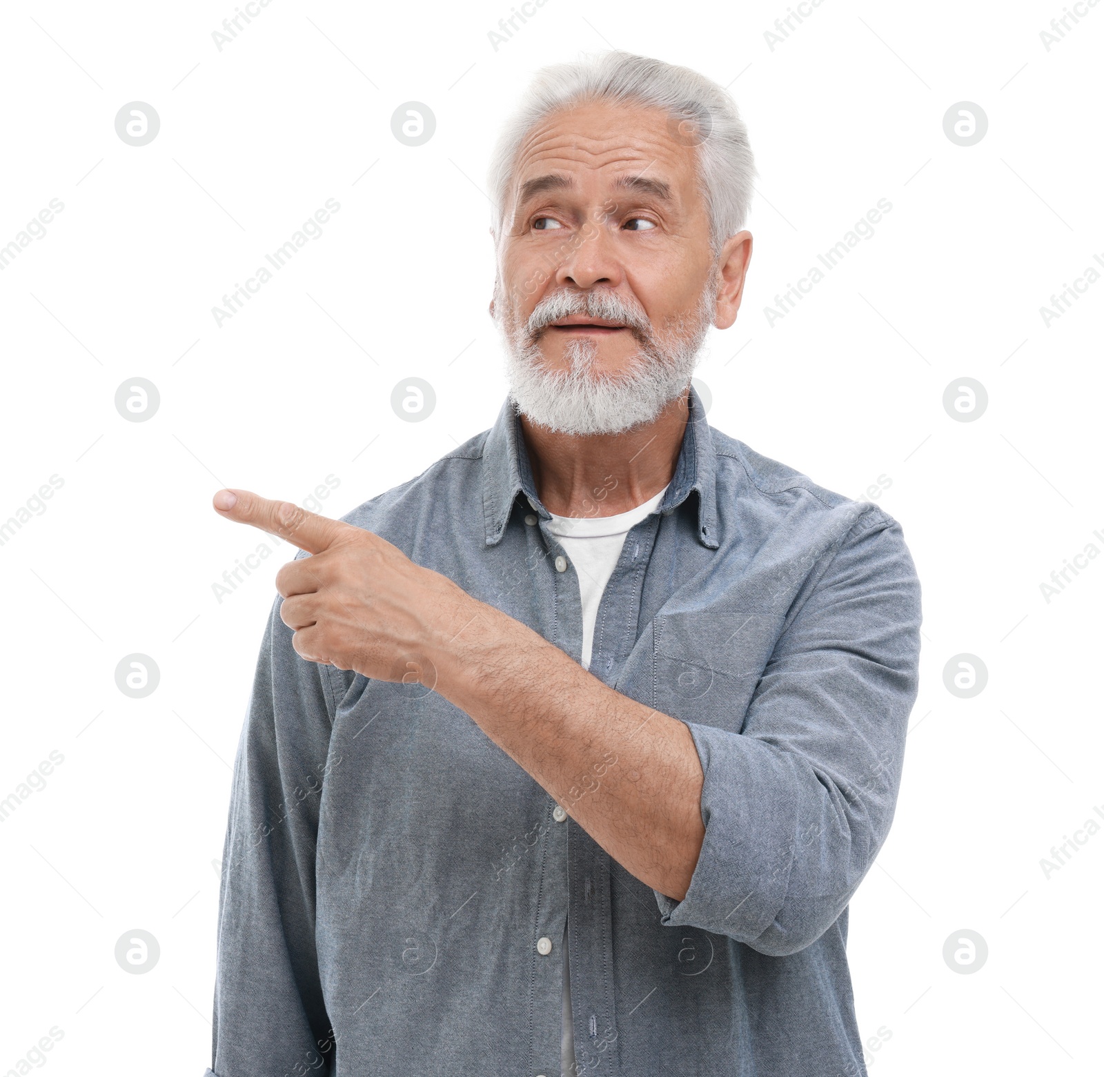 Photo of Special promotion. Senior man pointing at something on white background