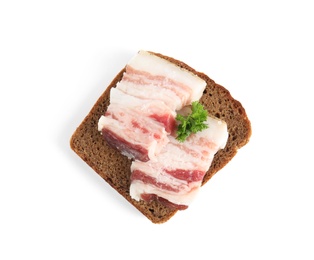 Photo of Pork fatback sandwich with parsley isolated on white, top view