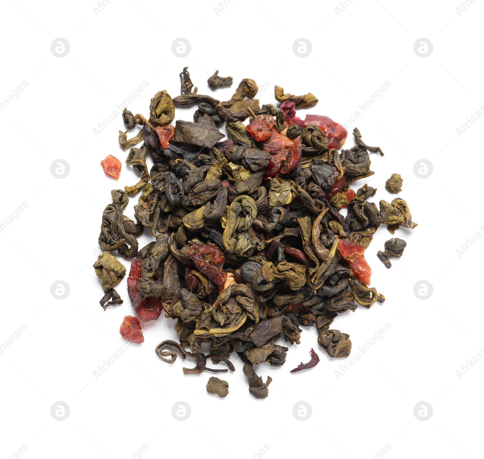 Photo of Pile of dry herbal tea isolated on white, top view