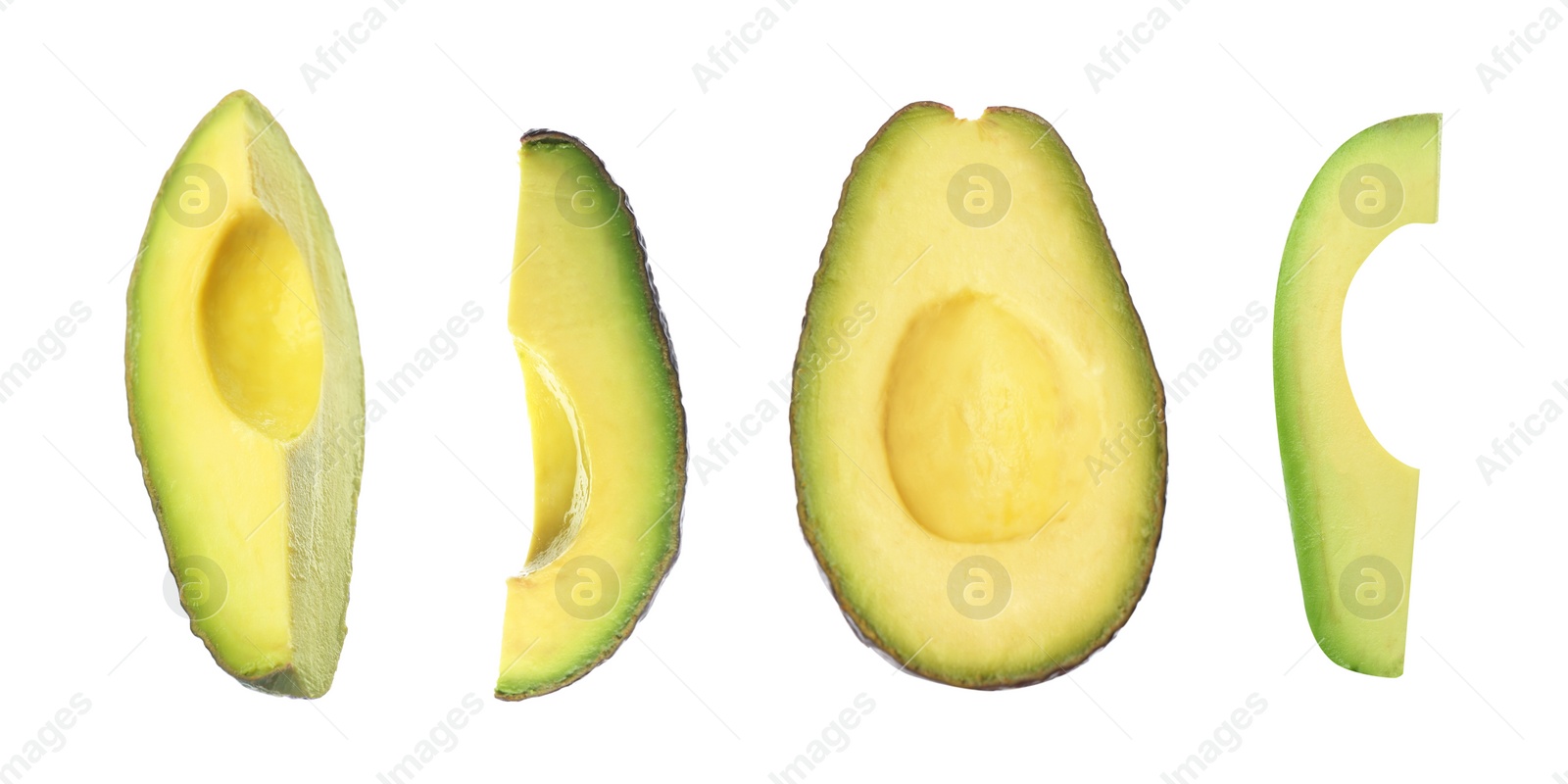 Image of Set of ripe avocados on white background. Banner design