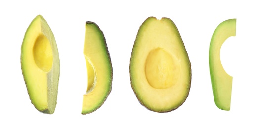 Image of Set of ripe avocados on white background. Banner design