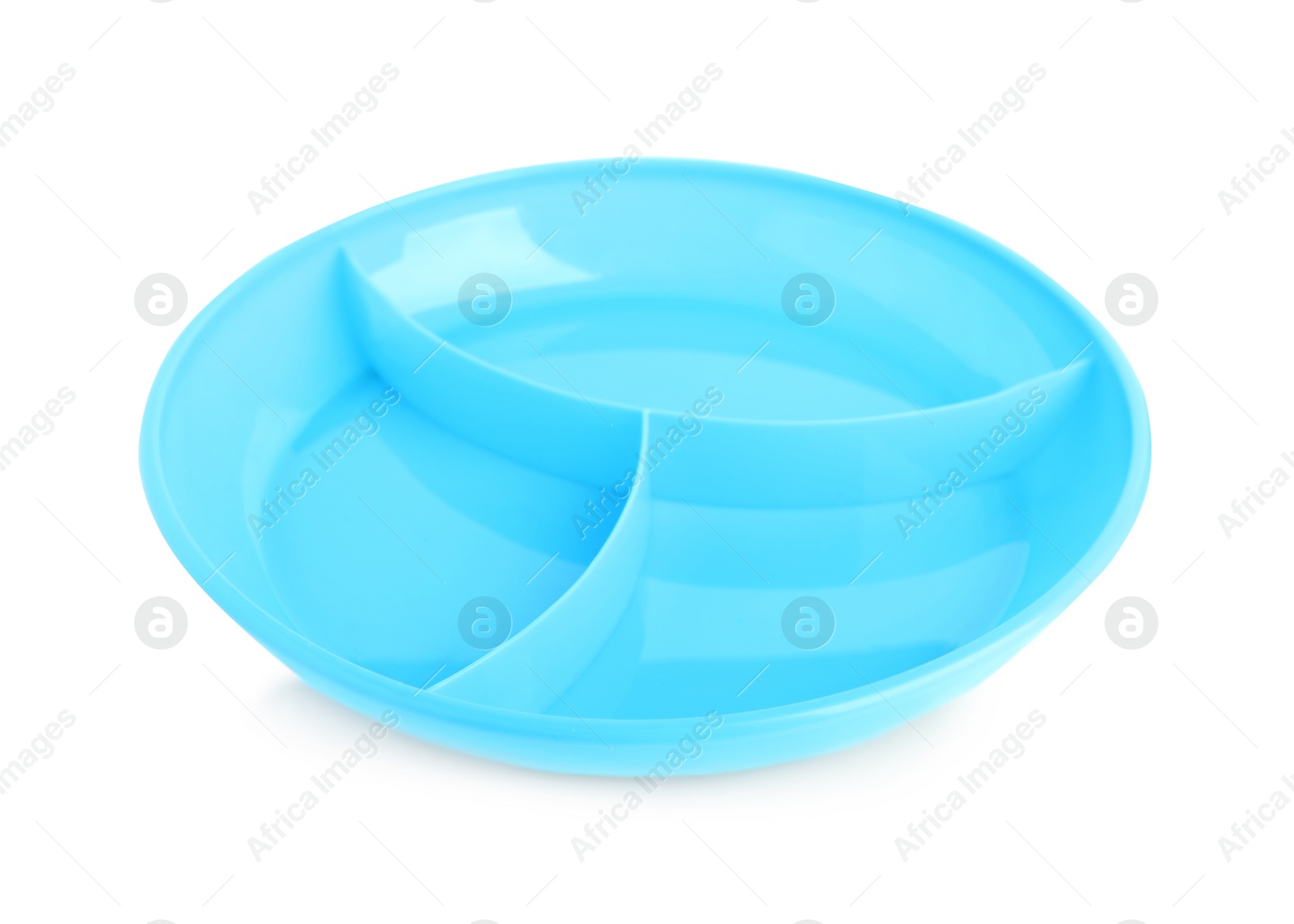 Photo of Blue plastic section plate isolated on white. Serving baby food