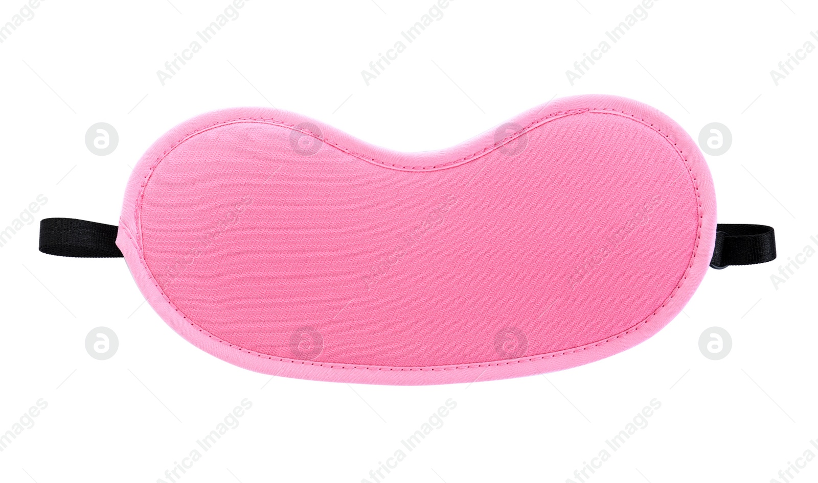 Photo of Pink sleeping eye mask isolated on white, top view. Bedtime
