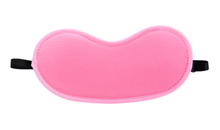 Photo of Pink sleeping eye mask isolated on white, top view. Bedtime
