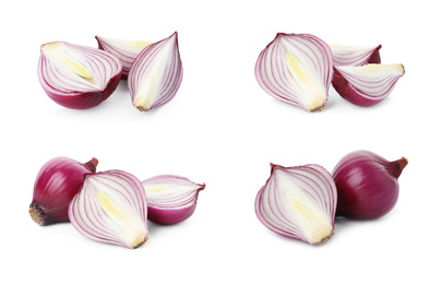 Image of Set of red cut and whole onion on white background