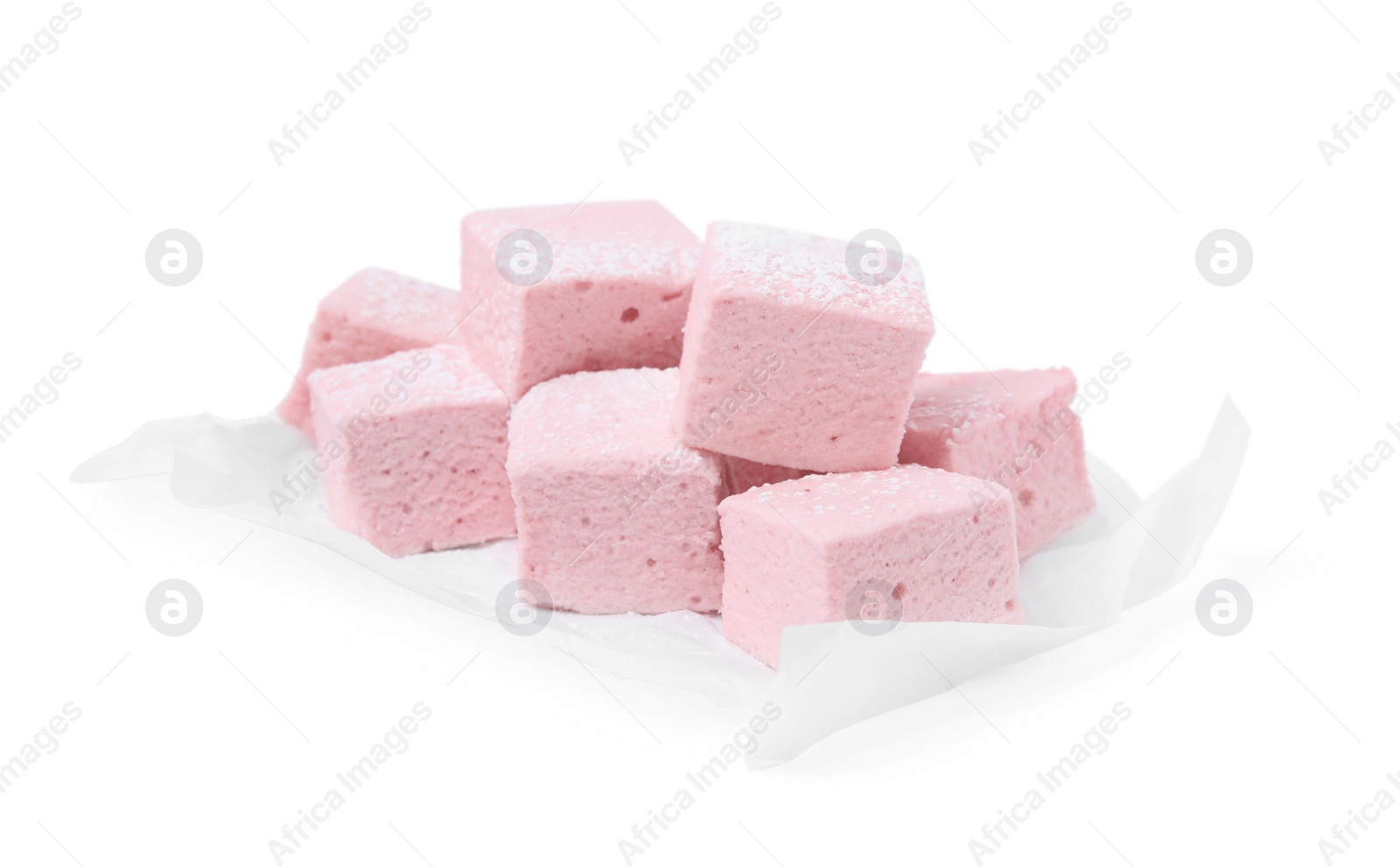 Photo of Delicious sweet marshmallows with powdered sugar isolated on white