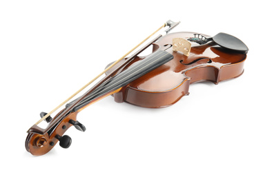 Beautiful classic violin and bow on white background. Musical instrument