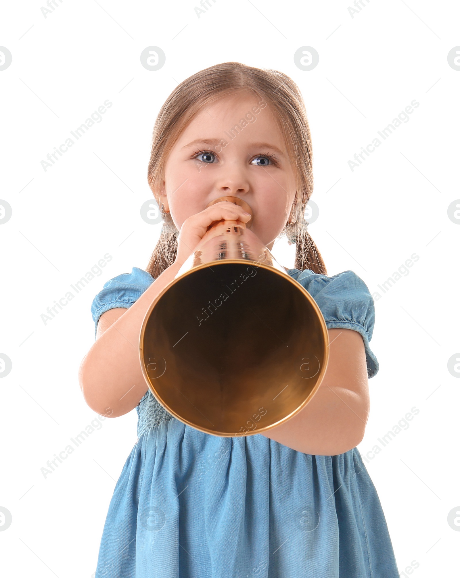 Photo of Adorable little girl with vintage megaphone on white background