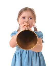 Photo of Adorable little girl with vintage megaphone on white background