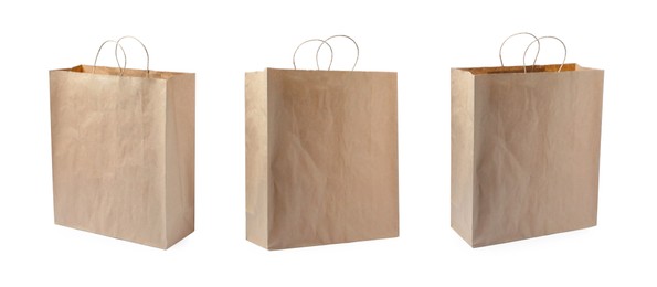 Image of Set with paper bags on white background. Banner design