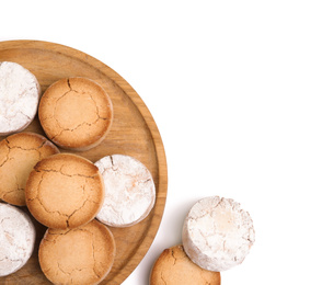 Photo of Sweet homemade tasty cookies on white background, top view