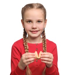 Photo of Cute girl holding tasty fortune cookie with prediction on white background