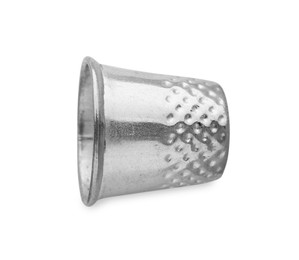 Photo of Silver sewing thimble isolated on white, top view