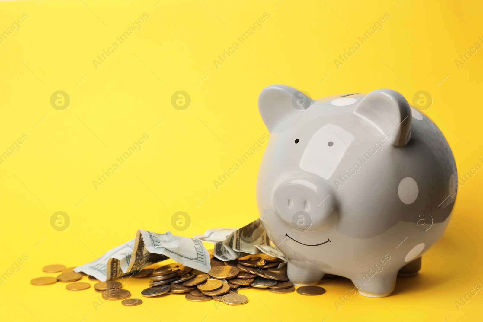 Photo of Piggy bank with money on color background. Space for text