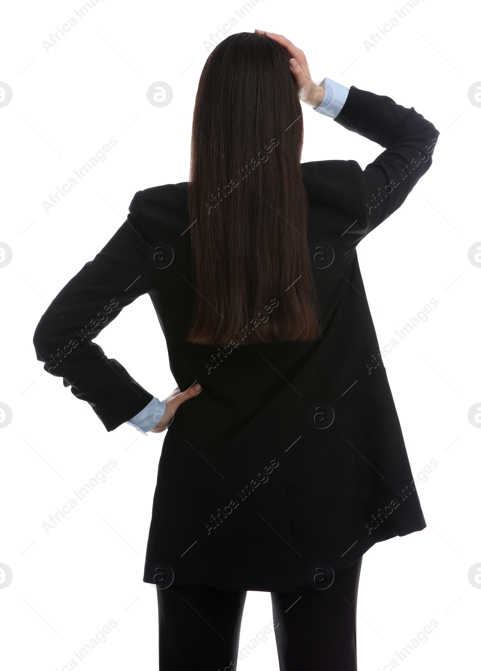 Photo of Young businesswoman in elegant suit on white background, back view
